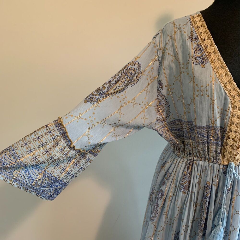 Refined Threads Blue Gold‎ Metallic Thread Boho Cottage Women's Maxi Dress 2X - Picture 5 of 8